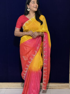 yellow & pink ombre designer saree with embroidered border