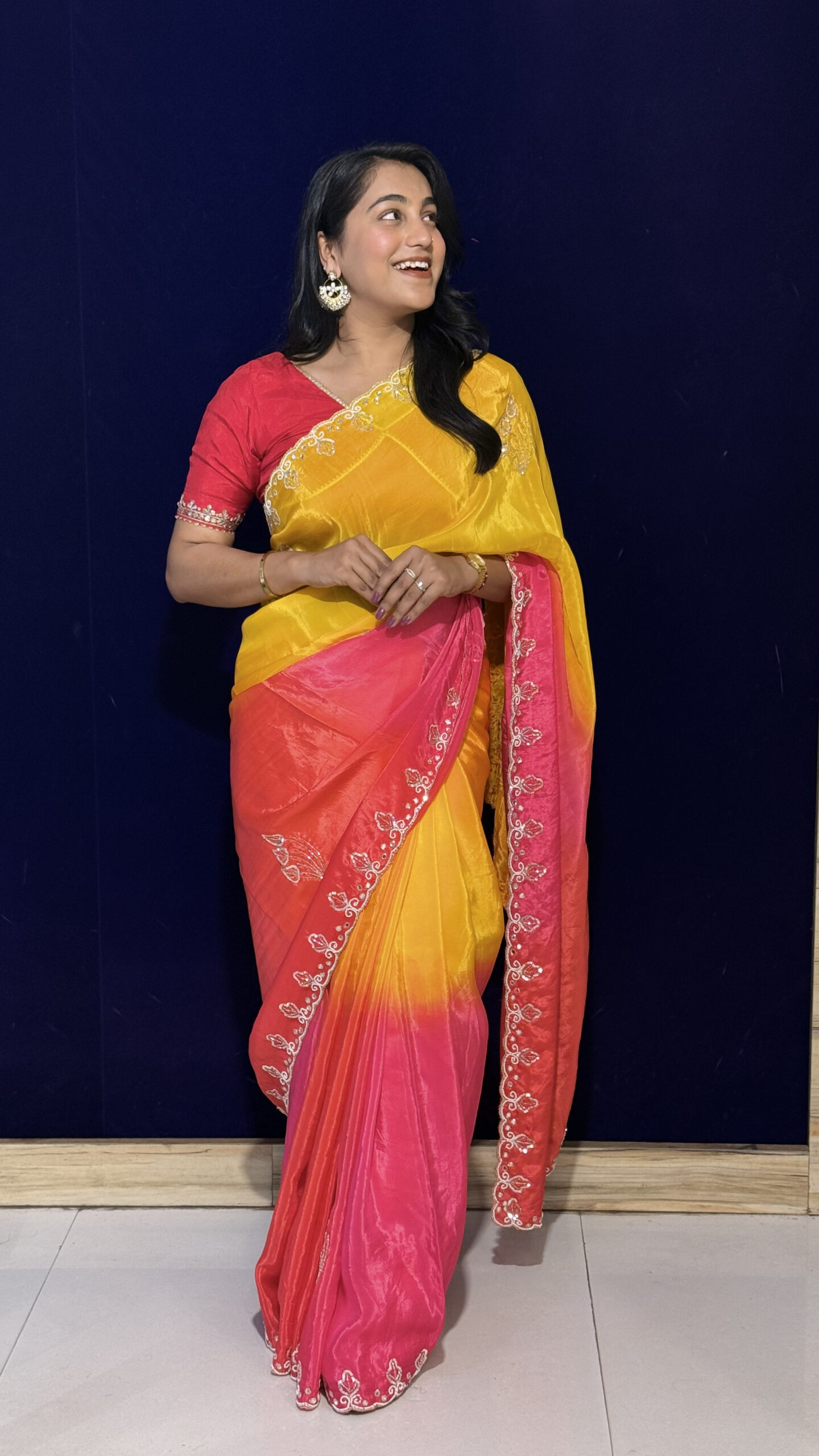 yellow & pink ombre designer saree with embroidered border yellow & pink ombre designer saree with embroidered border