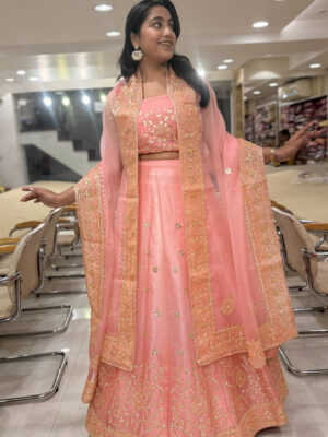 elegant peach embroidered lehenga set with organza dupatta