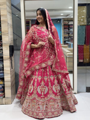 bridal rani pink heavy embroidered lehenga set with net dupatta