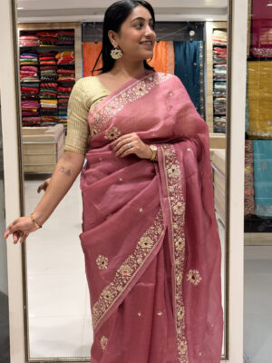 dusty pink designer saree with elegant floral embroidery