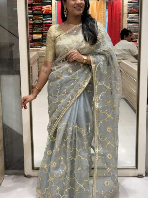 elegant grey organza embroidered saree