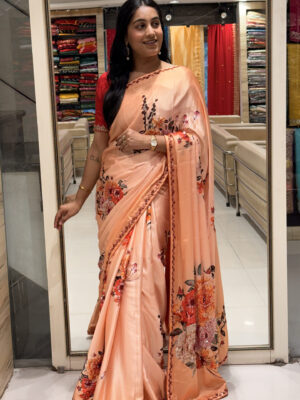 peach floral print satin saree