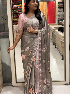 elegant grey floral satin saree