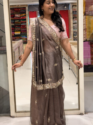 elegant brown embroidered saree with designer blouse