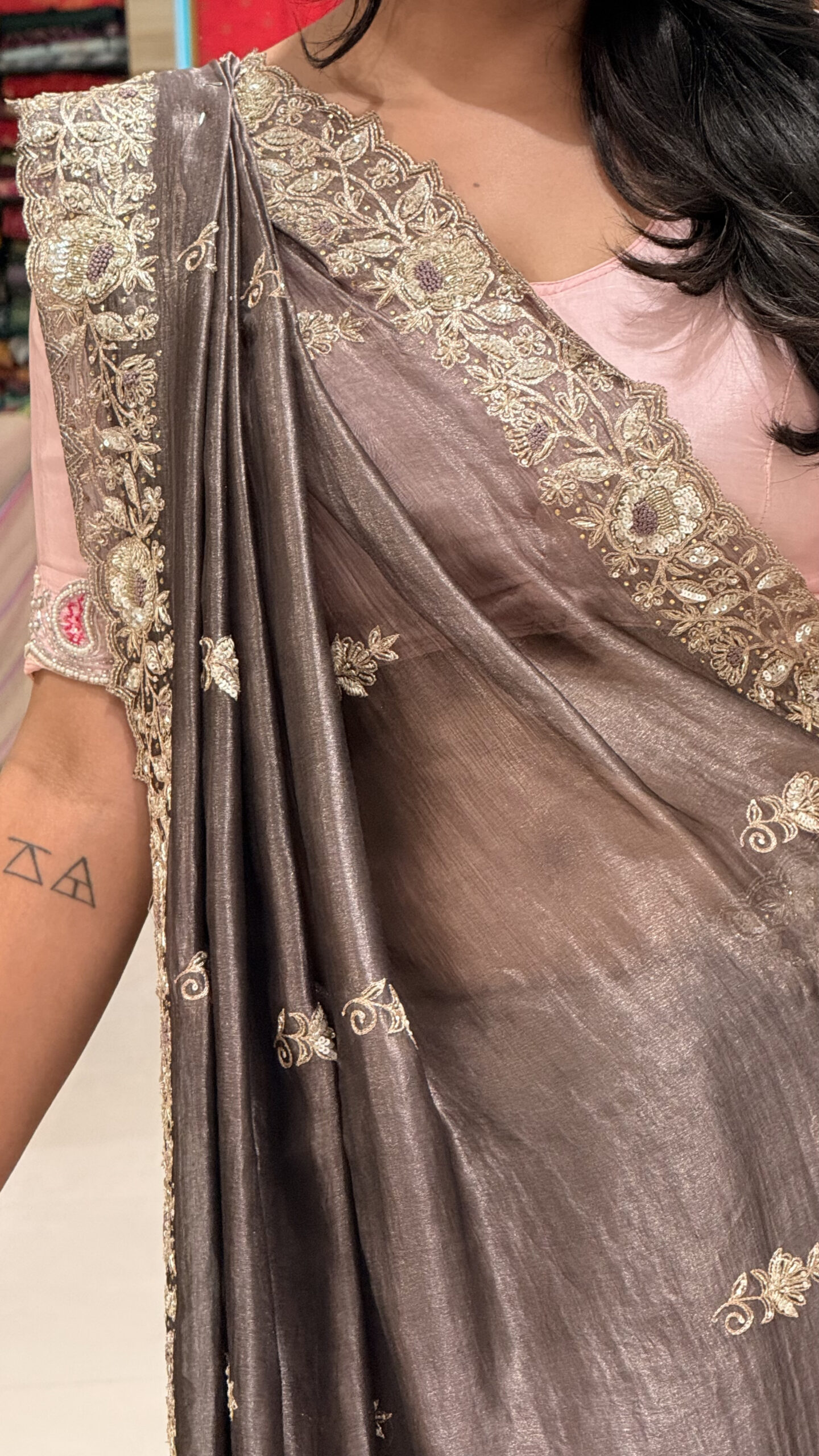 elegant brown embroidered saree with designer blouse elegant brown embroidered saree with designer blouse