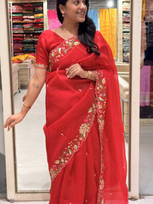 elegant red floral embroidered saree with designer blouse