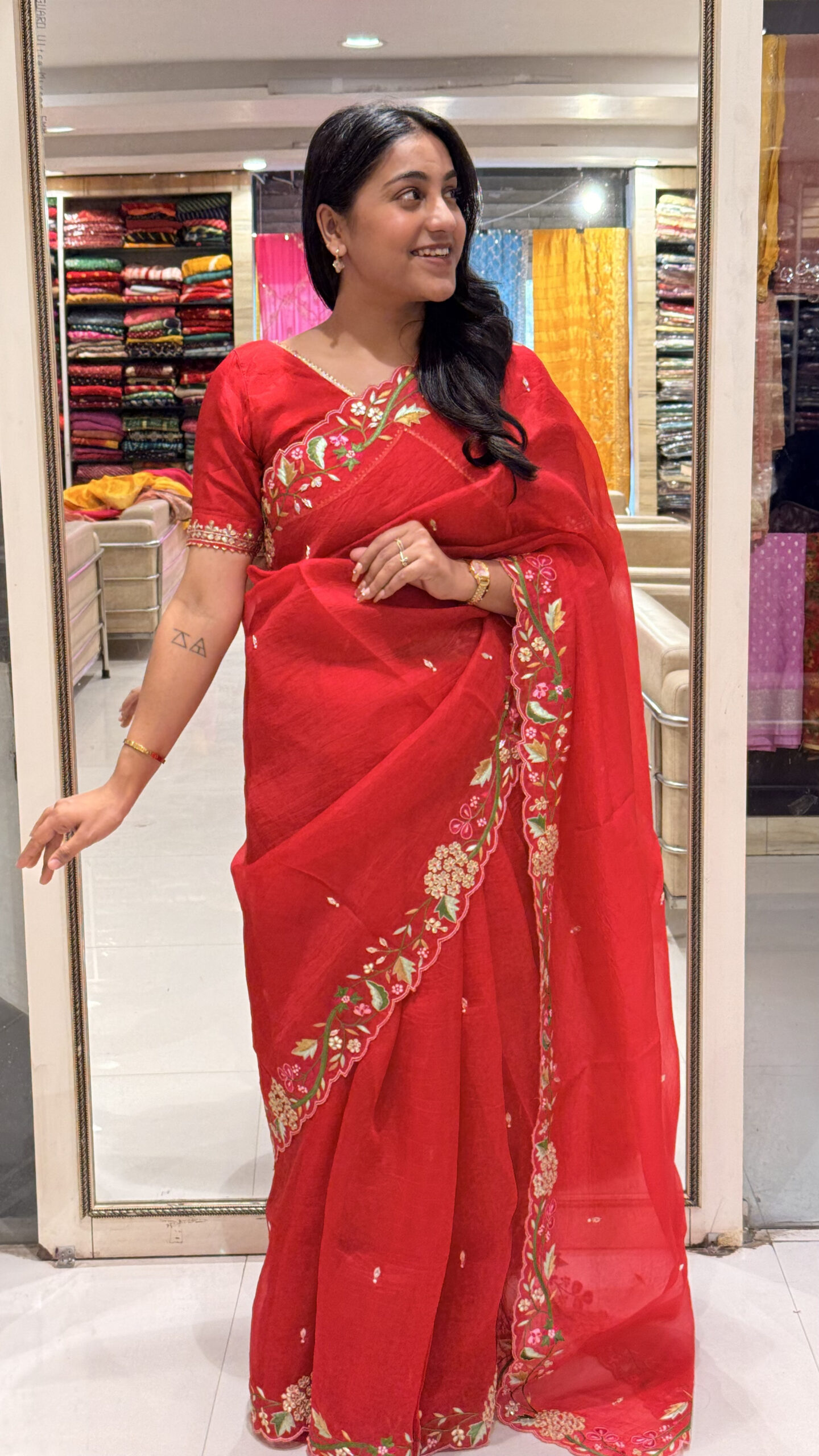 elegant red floral embroidered saree with designer blouse elegant red floral embroidered saree with designer blouse