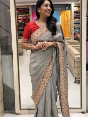 elegant grey embroidered saree with designer red blouse