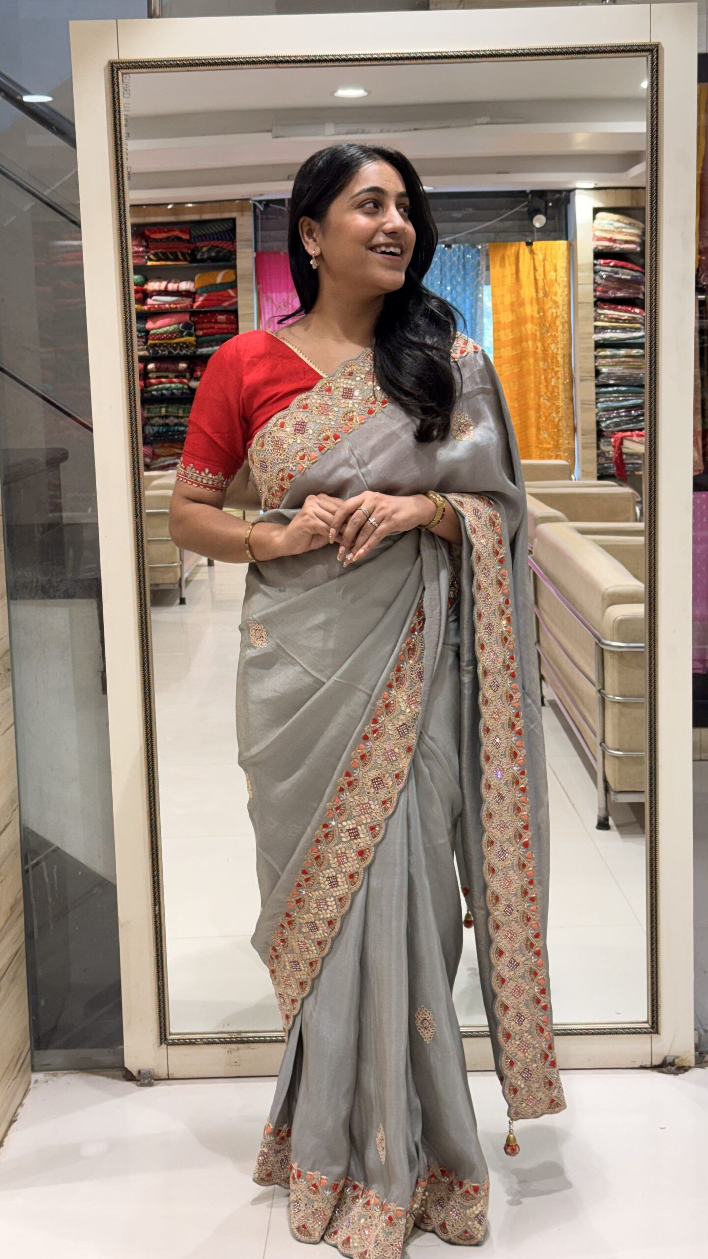 elegant grey embroidered saree with designer red blouse elegant grey embroidered saree with designer red blouse