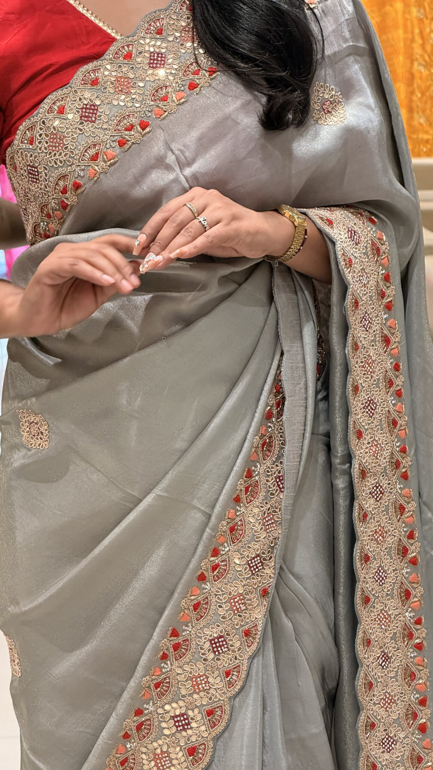 elegant grey embroidered saree with designer red blouse elegant grey embroidered saree with designer red blouse