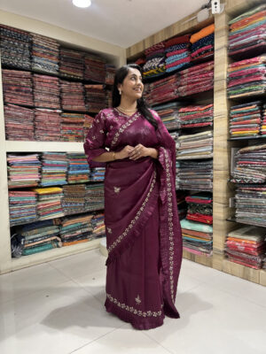elegant wine frill border saree with embroidery work