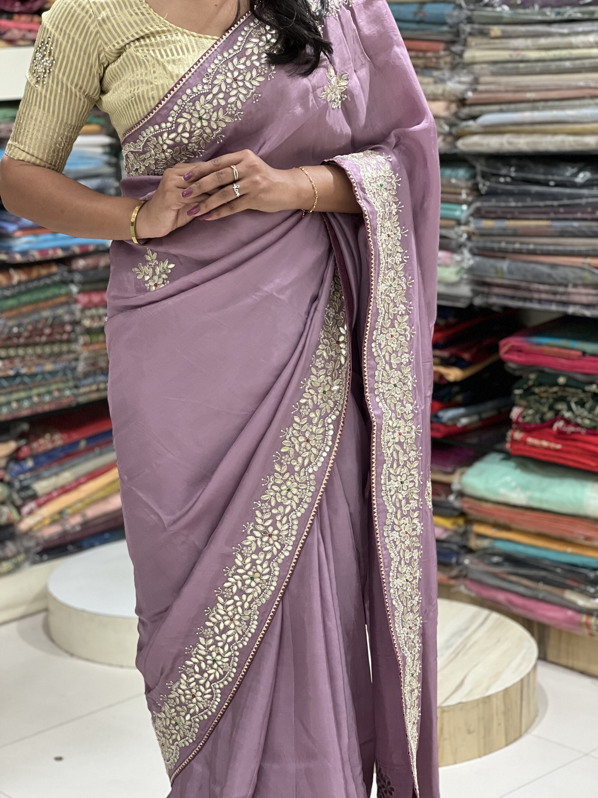 elegant lavender embroidered saree with designer border elegant lavender embroidered saree with designer border