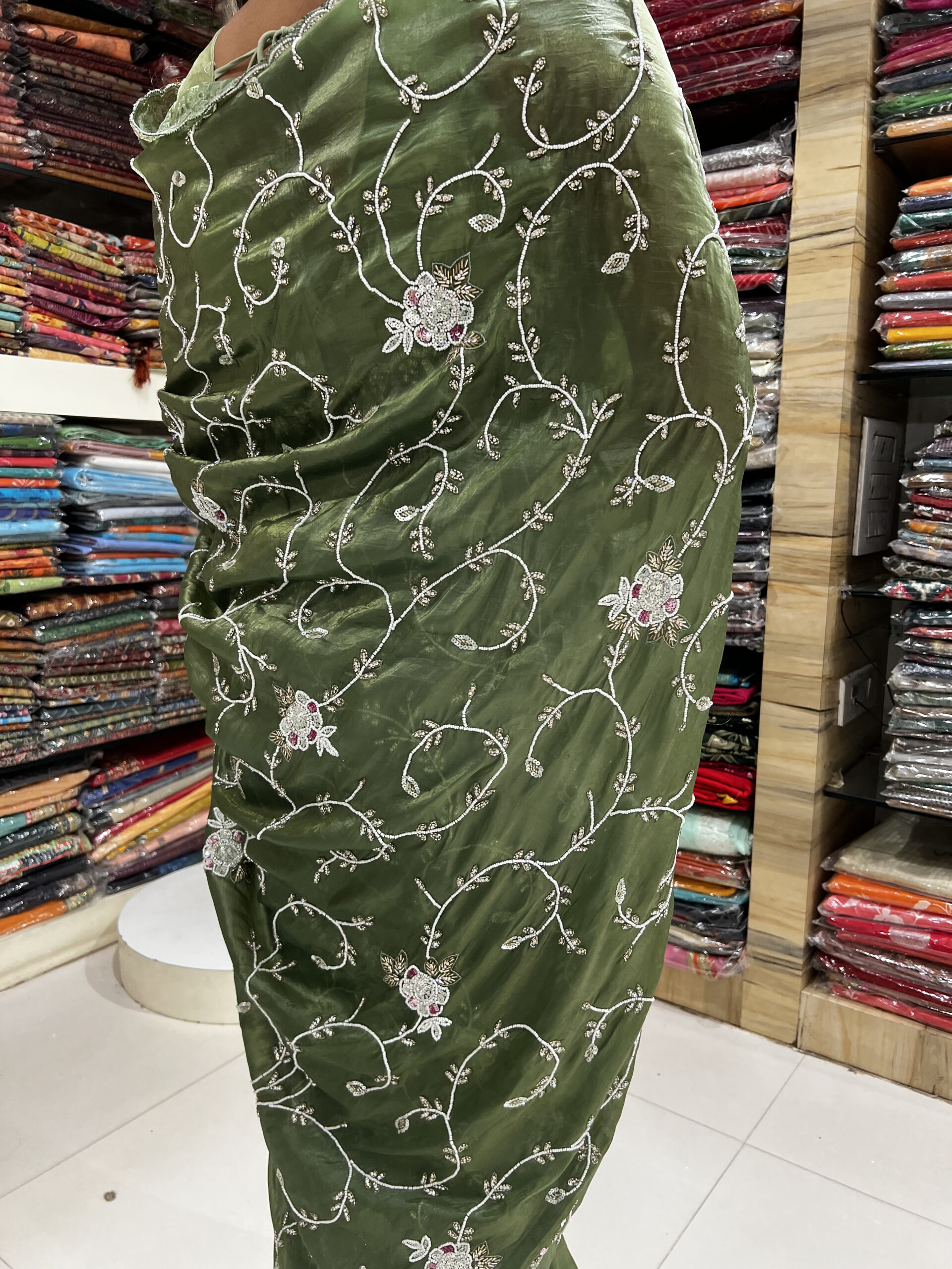 elegant olive green embroidered saree elegant olive green embroidered saree