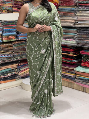 elegant olive green embroidered saree