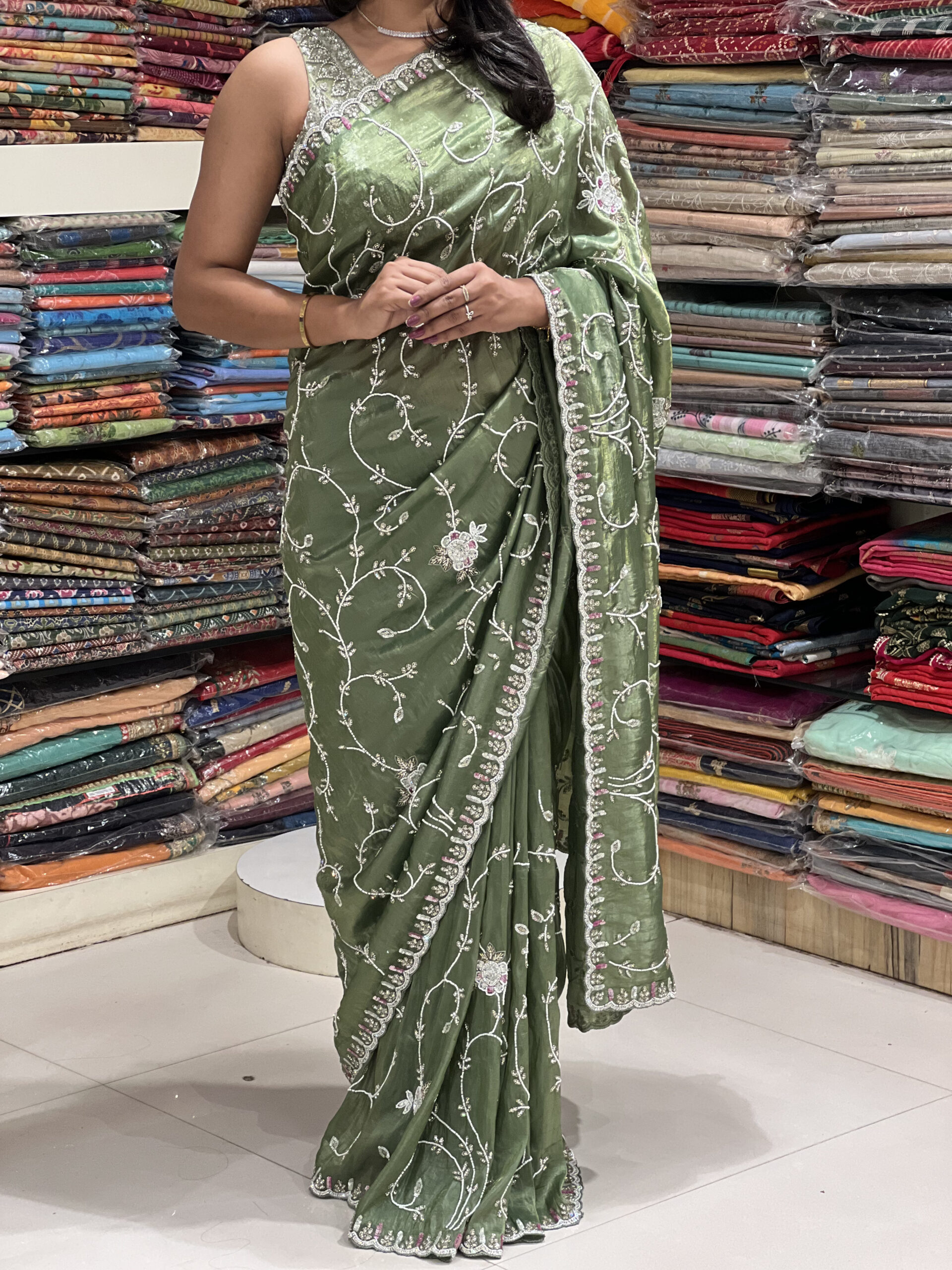 elegant olive green embroidered saree elegant olive green embroidered saree