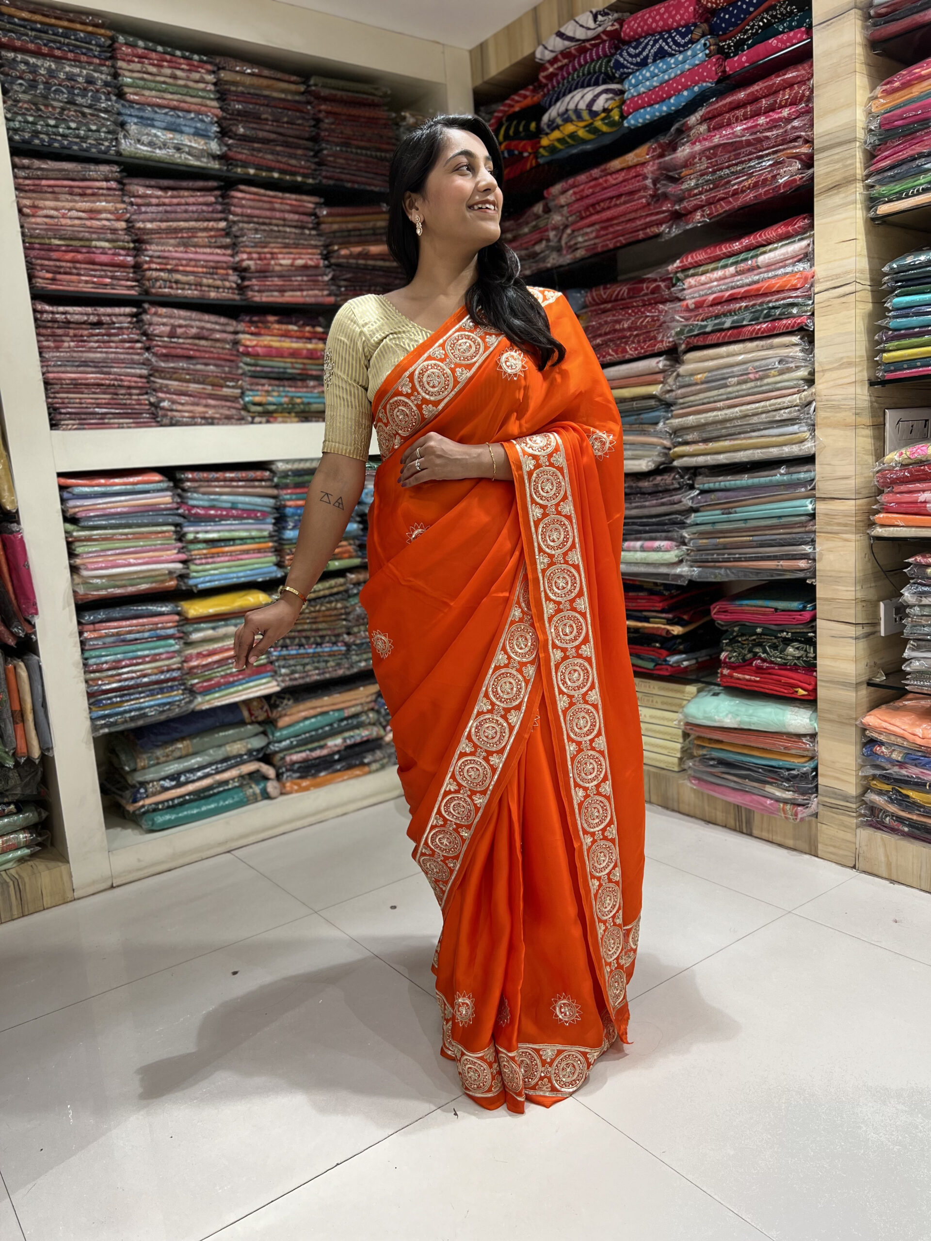 vibrant orange embroidered saree vibrant orange embroidered saree