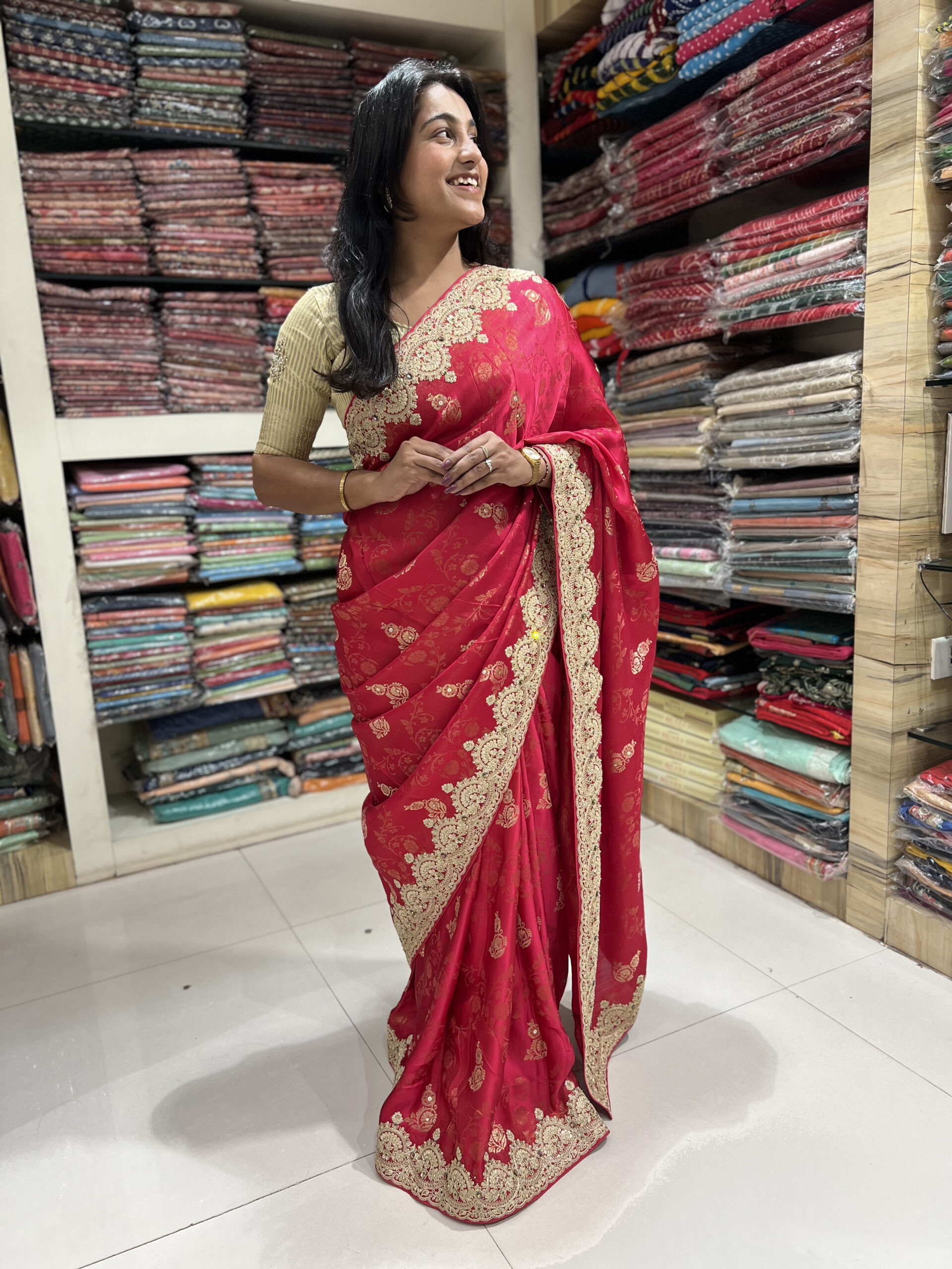 premium embroidered silk saree – rani pink