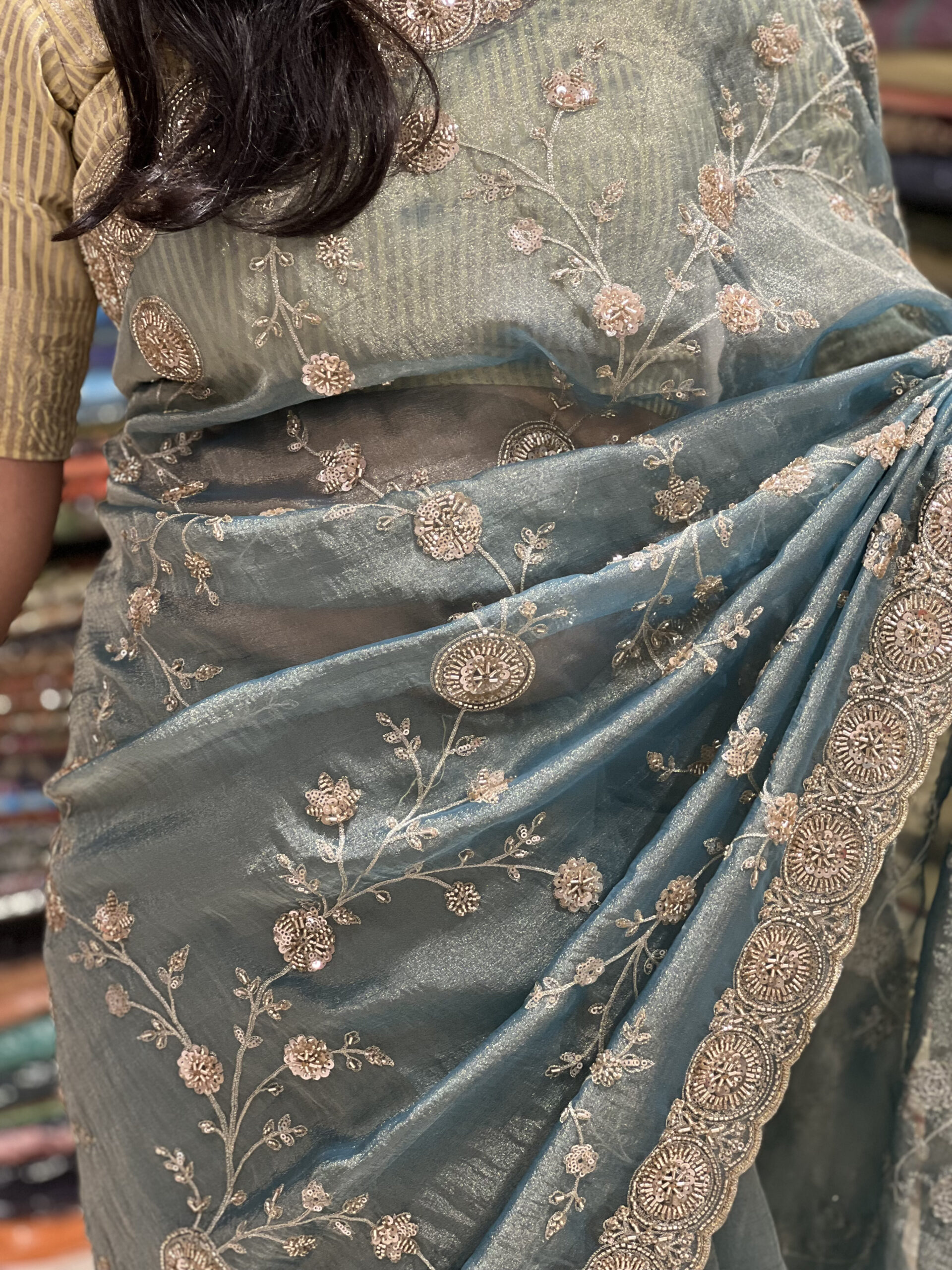 elegant embroidered organza saree – dusty teal green elegant embroidered organza saree – dusty teal green