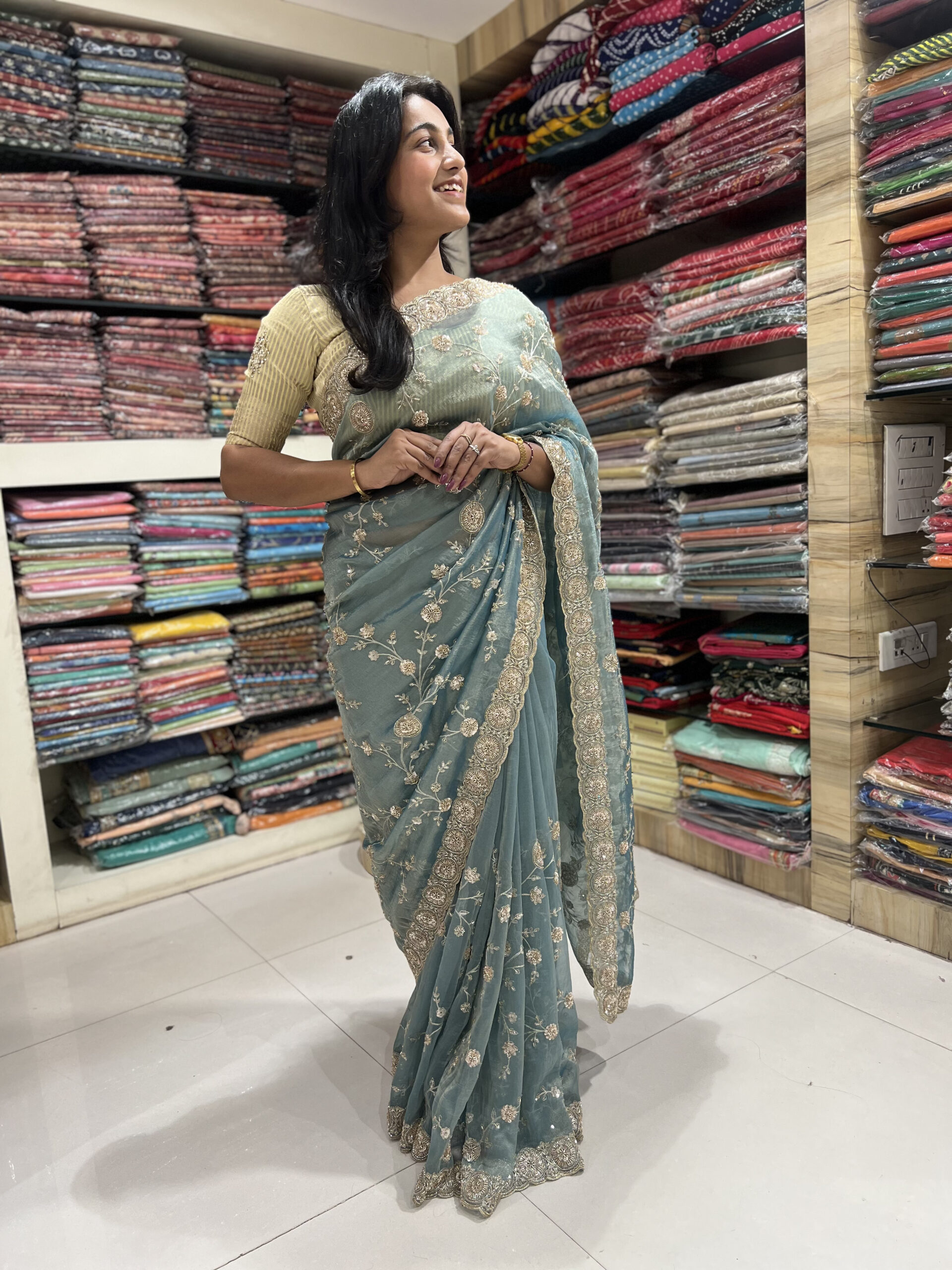 elegant embroidered organza saree – dusty teal green elegant embroidered organza saree – dusty teal green