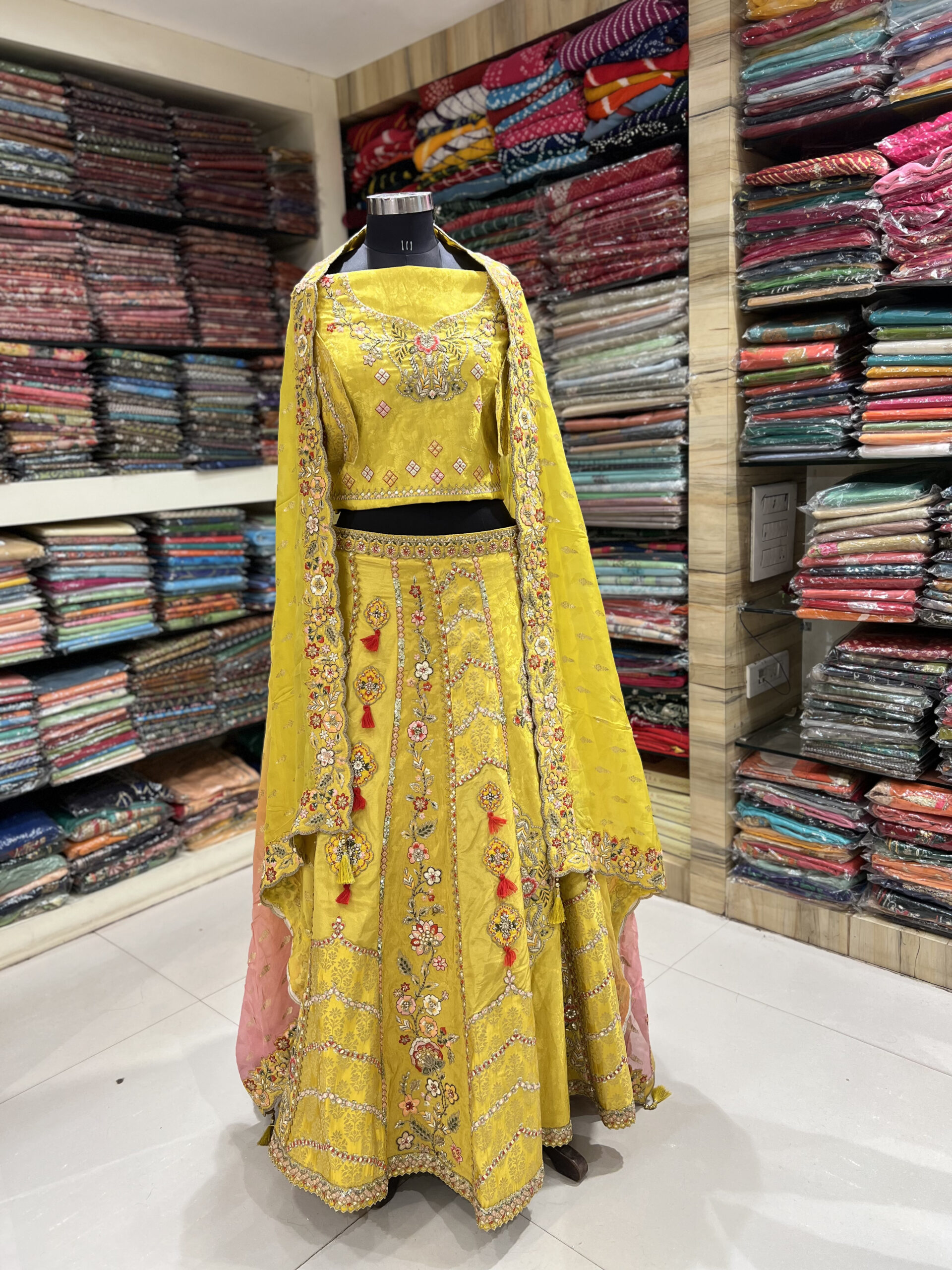 sunshine yellow floral printed lehenga set with embroidered dupatta sunshine yellow floral printed lehenga set with embroidered dupatta
