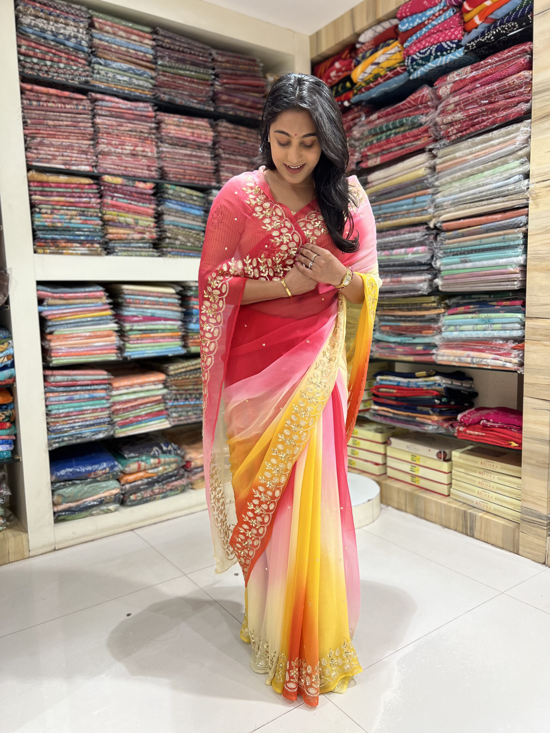 designer ombre organza saree – pink to yellow gradient designer ombre organza saree – pink to yellow gradient