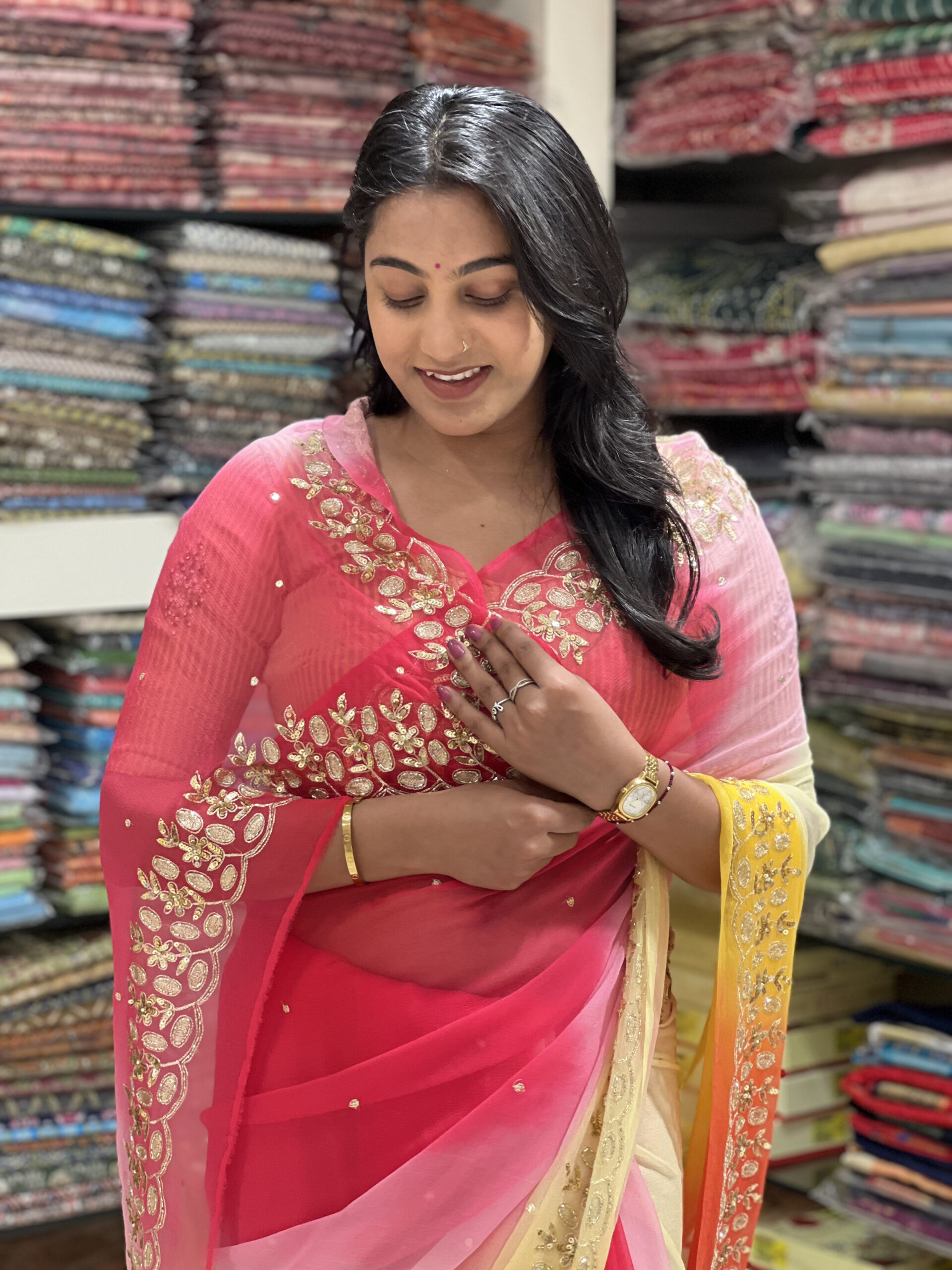 designer ombre organza saree – pink to yellow gradient designer ombre organza saree – pink to yellow gradient