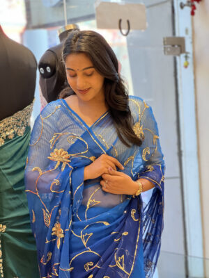 elegant floral embroidered organza saree – royal blue