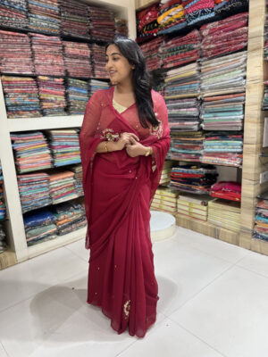 elegant embroidered georgette saree – deep wine red