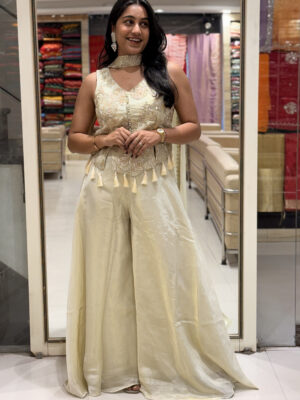 ivory embroidered peplum kurta set with palazzo & dupatta