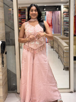 blush pink embroidered peplum kurta set with palazzo & dupatta