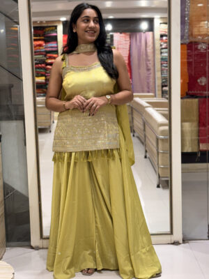 mustard yellow embroidered peplum kurta set with palazzo & dupatta