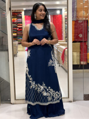 royal blue embroidered straight kurta set with palazzo & dupatta