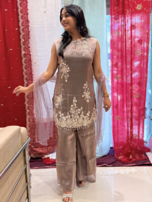 mauve embroidered straight kurta set with palazzo & net dupatta