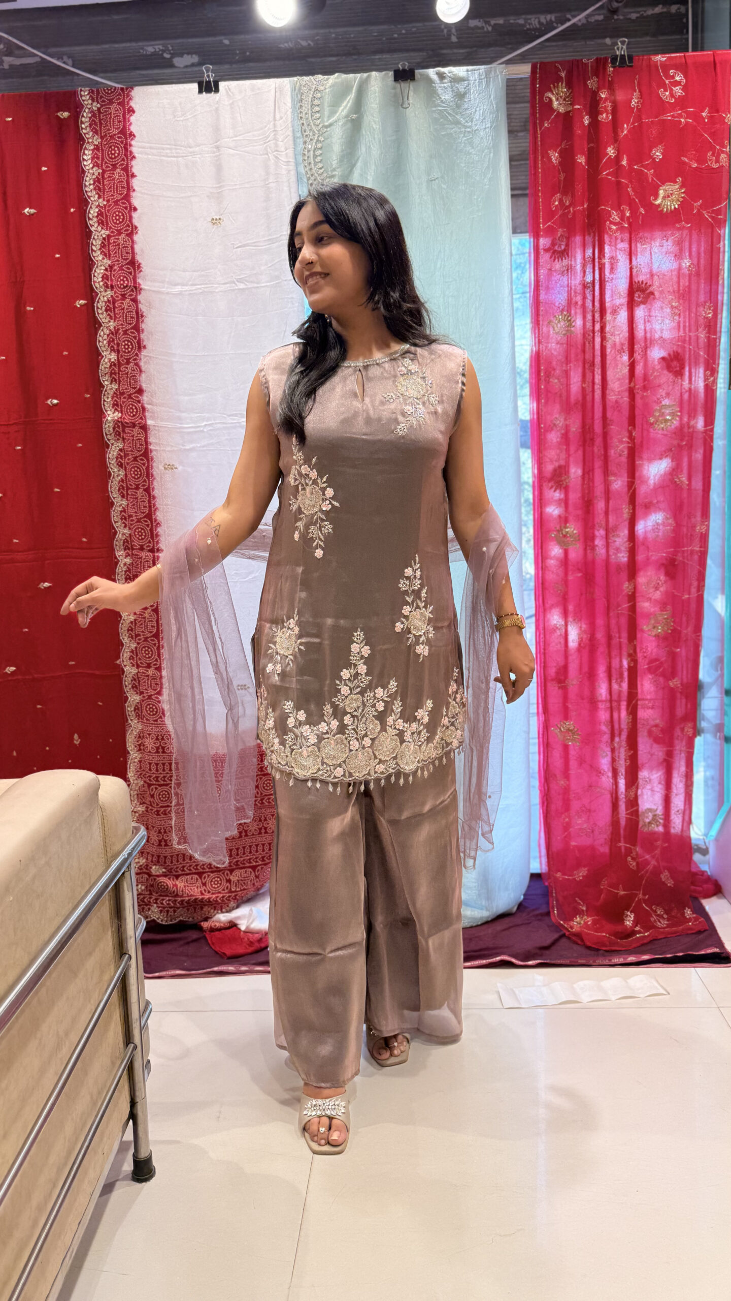 mauve embroidered straight kurta set with palazzo & net dupatta mauve embroidered straight kurta set with palazzo & net dupatta