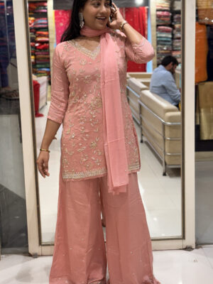 blush pink floral embroidered kurta set with palazzo & dupatta